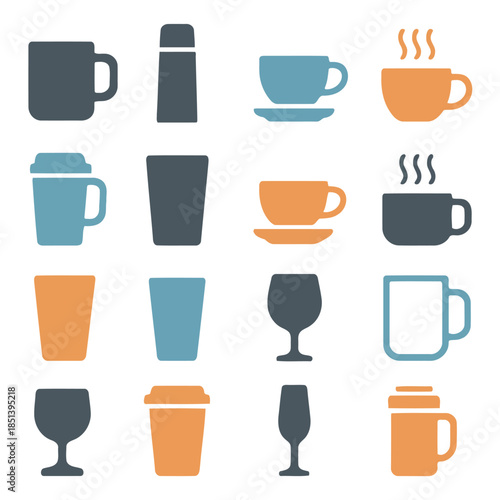Variety of Drinkware Icons: A set of stylized drinkware icons showcasing a range of beverage vessels. A diverse assortment that captures the essence of refreshment and convenience.
