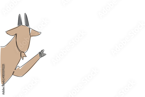 Continuous line drawing illustrates a goat waving from behind a wall, embodying mountain resilience. A nature concept artwork made for International Mountain Day theme.