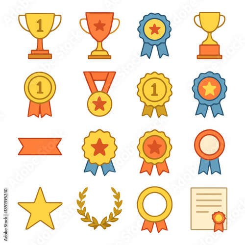 Trophy and Awards Icon Set: A vibrant collection of golden trophies, medals, ribbons and awards, perfect for celebrating accomplishments, milestones and triumphs.