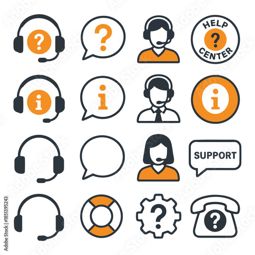 Support Icons Collection: A comprehensive set of icons, designed to symbolize the customer service industry, including various communication tools, a life buoy for rescue, and a gear for system
