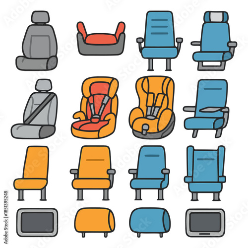 Seat Collection: A graphic compilation showcasing various seat types, from car seats to airplane chairs, each carefully rendered with clean lines and vivid colors. 
