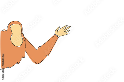One line drawing of an orangutan waving its hand behind a wall, highlighting rainforest conservation in a nature concept, themed for International Orangutan Awareness Day.