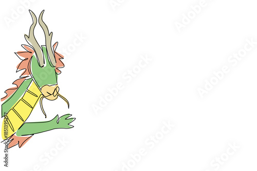 Continuous line drawing of a dragon waving its claw behind a wall, symbolizing fantasy and mythical creatures in a nature concept, themed for International Dragon Appreciation Day.