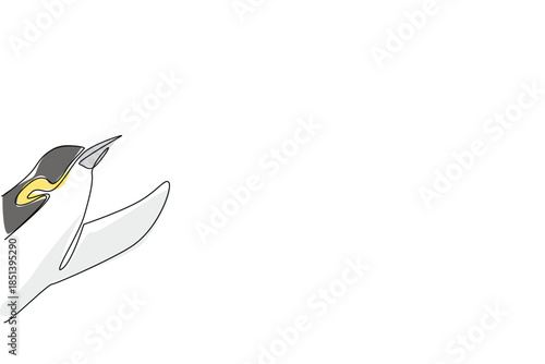 Continuous line drawing of a penguin waving a flipper behind a wall, representing cold-climate wildlife in a nature concept, themed for International Penguin Awareness Day.