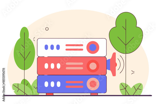 Server Landscape: Depicting a stacked server unit amid a whimsical landscape, the illustration merges technology with the environment, hinting at sustainable operations and digital integration. 