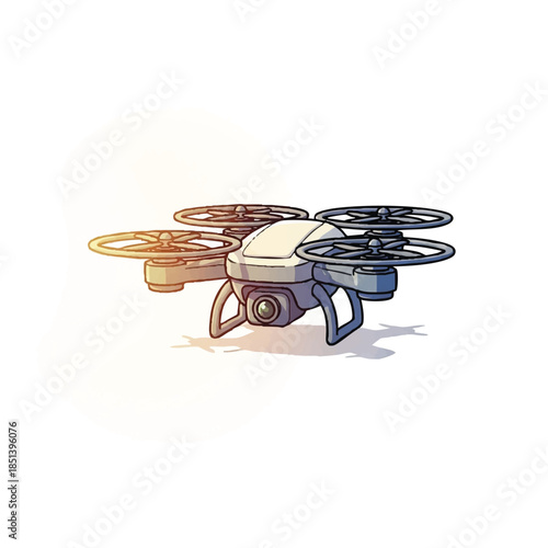 Close-up illustration of a white quadcopter drone with a camera, designed for aerial photography and videography