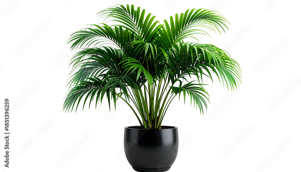 Obraz premium Lush indoor palm plant in a modern black pot against a stark black background