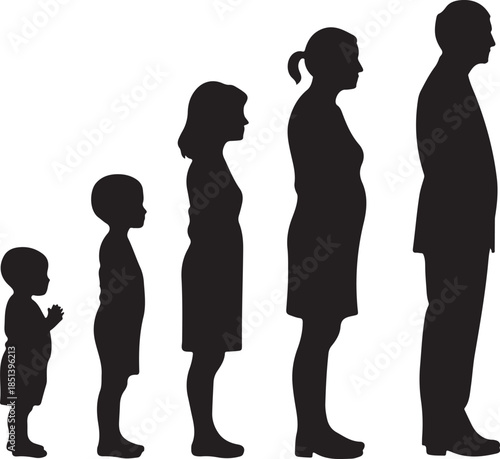 A striking silhouette depicts the stages of human growth illustrating a family s progression from infancy to adulthood in a linear