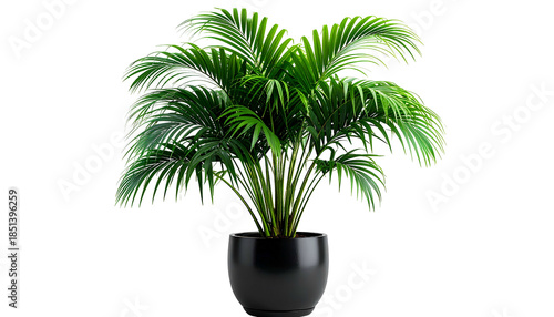 Lush indoor palm plant in a modern black pot against a stark black background