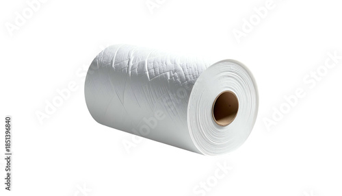 Close-up of a large, white paper roll, isolated on black background, soft textured