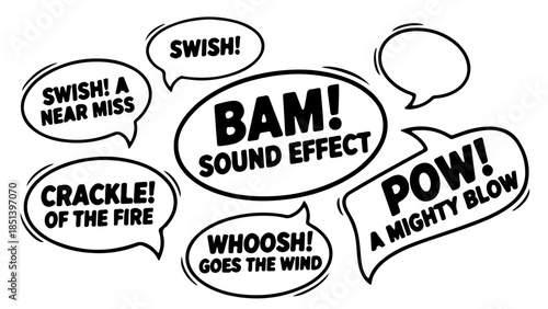  Comic Book Speech Bubbles Set with Sound Effects Text. Black and White Pop Art Vector Illustration featuring Bam, Pow, Swish, Crackle and Whoosh Onomatopoeia for Cartoon Design.