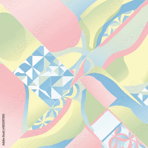 Abstract Geometric Pattern with Pastel Swirls and Diamond Shapes