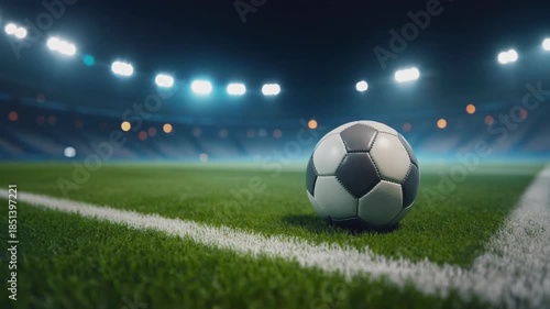 Soccer Ball on Corner Mark of Green Stadium Field at Night