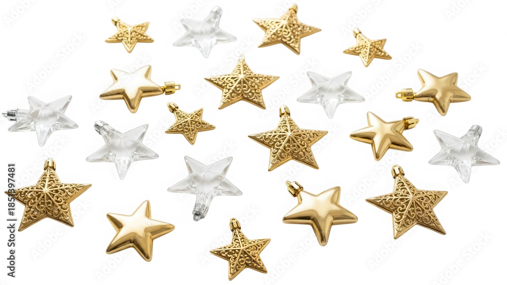 Obraz premium Gold and white decorative star ornaments isolated on transparent background