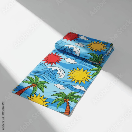 Vibrant Beach Towel with Tropical Sun, Palm Trees, and Wavy Ocean for a Perfect Summer Getaway