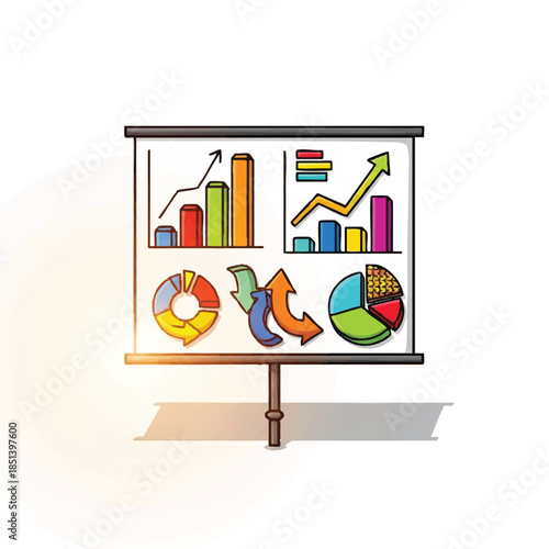 Illustrative Representation of Financial Charts and Graphs on a Presentation Board