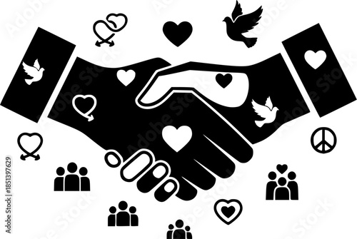 Abstract set with red and black handshakes heart vector icons. Sign friendship or partnership icons. Peace and love symbol. Sign agreement.
