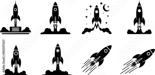 Set of rocket vector icons. Launch spaceship or spacecraft. Rocket fast flying for space. New business start up.
