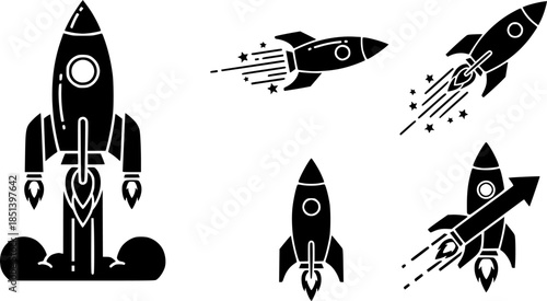 Set of rocket vector icons. Launch spaceship or spacecraft. Rocket fast flying for space. New business start up.
