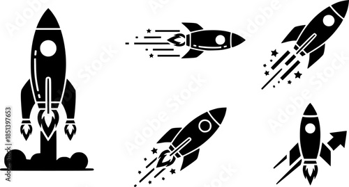 Set of rocket vector icons. Launch spaceship or spacecraft. Rocket fast flying for space. New business start up.
