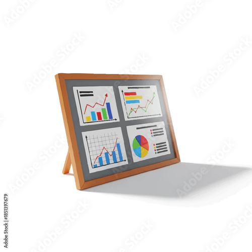 Business analytics charts and graphs displayed on a blackboard for financial review and strategy planning