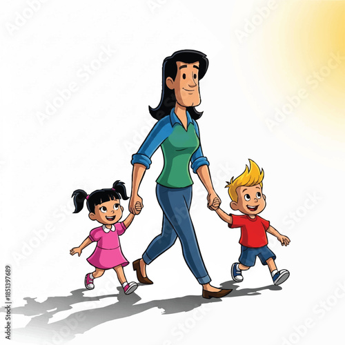 A mother walking hand-in-hand with her two children outdoors on a sunny day, creating a feeling of warmth and family connection
