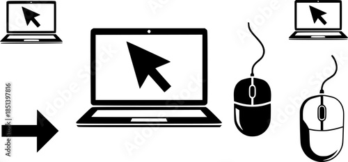 Set of laptop with computer mouse vector icons. Monitor with pointer or cursor. Notebook and arrow. Vector 10 Eps.
