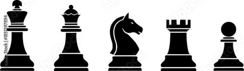 Set of chess vector icons. Black silhouette with chess. King, queen, pawn, horse and rook. Vector 10 Eps.
