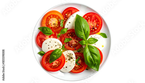 A vibrant caprese salad features sliced tomatoes, mozzarella, basil on a white plate