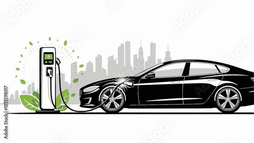 Set of green electric car with plug. Electric car charger place. Recharger battery station for automobile. Friendly alternative energy.
