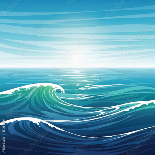 Illustrative depiction of a serene ocean horizon with cresting waves under a bright sun, symbolizing tranquility and the vastness of the sea