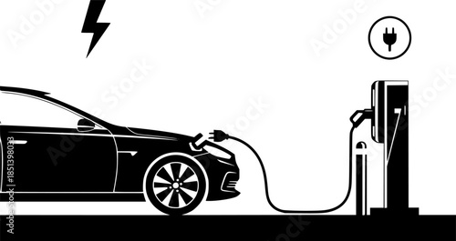 Set of green electric car with plug. Electric car charger place. Recharger battery station for automobile. Friendly alternative energy.
