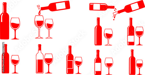 Set of wine bottle with wine glasses vector icons. Drink alcohol. Vector 10 Eps.
