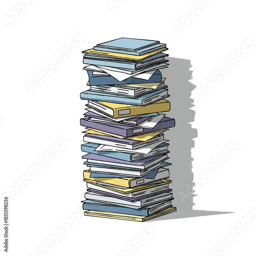 A tall stack of assorted folders, binders, and papers piled high, casting a shadow on a white background, illustrating the concept of organization or lack thereof