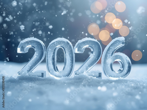 2026 New Year winter background with icy numbers snowfall bokeh lights and cold seasonal holiday celebration concept