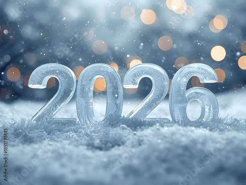 2026 New Year winter background with icy numbers snowfall bokeh lights and cold seasonal holiday celebration concept
