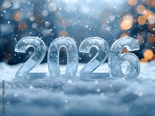 2026 New Year winter background with icy numbers snowfall bokeh lights and cold seasonal holiday celebration concept