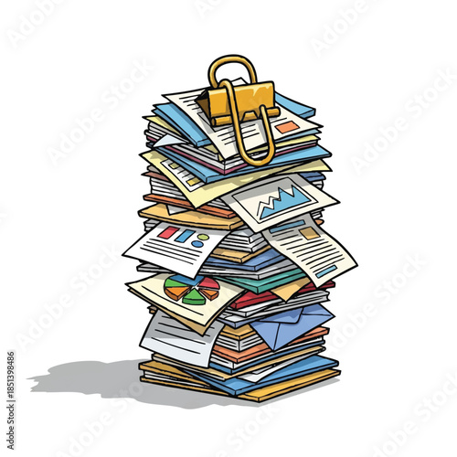 A large pile of documents and papers are bound together with a paperclip, indicating a large workload or bureaucracy