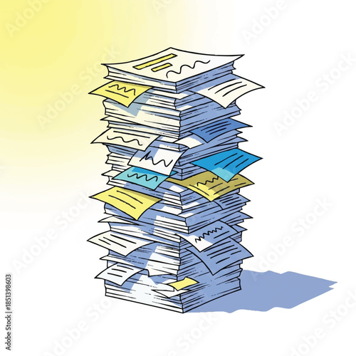 A tall stack of papers and documents, showing a concept of bureaucracy and a large amount of work