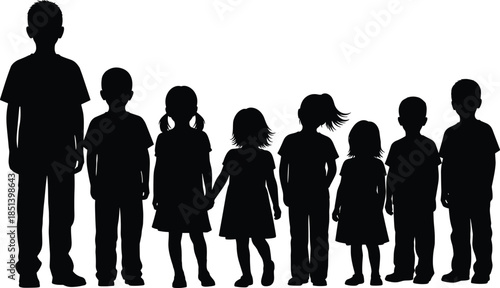 Children silhouettes group illustration showing kids of different ages standing together, childhood diversity, growth stages concept isolated on white background