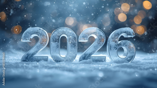 2026 New Year winter background with icy numbers snowfall bokeh lights and cold seasonal holiday celebration concept