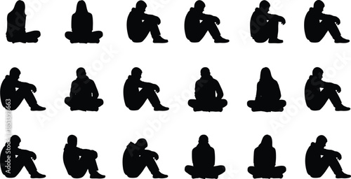 Collection of diverse seated human silhouettes representing contemplation loneliness posture variations isolated on white background for creative design projects concepts