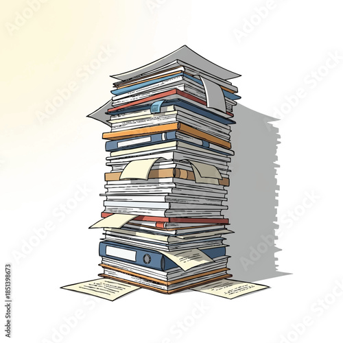 A tall stack of documents and files, illustrating workload and administrative tasks