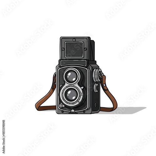 Vintage twin-lens reflex camera illustration with leather strap, retro photography equipment on white background