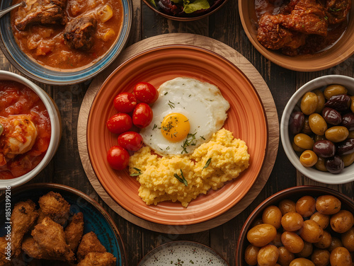 Traditional Mediterranean breakfast and meze platter with eggs potatoes olives and assorted dishes served on rustic table