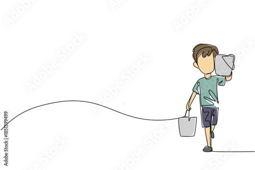 Continuous line drawing of a boy carrying water buckets, social concept for human rights. World Day Against Child Labor promoting safe childhoods, schooling, and eliminating exploitation in community