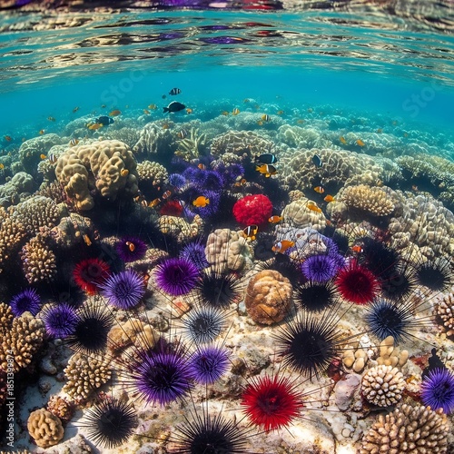 Vibrant Coral Reef Ecosystem with Sea Urchins and Marine Life.