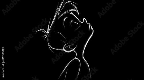 Contemplative outline illustration of a young person looking upwards on a black background, symbolizing hope, dreams, and inspiration.