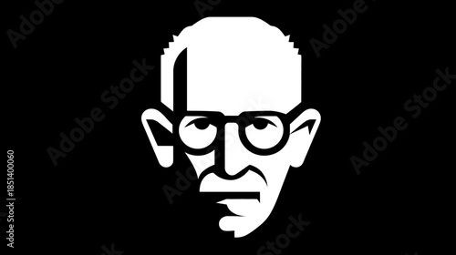 Stylized monochrome portrait of a serious man with eyeglasses on a black background, minimalist graphic vector illustration, intellectual concept