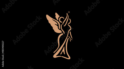 Golden winged woman with a star on a black background. Elegant graphic design element, celestial and magical silhouette.